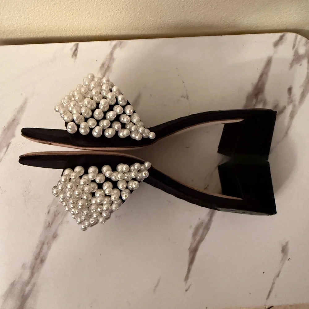 Tory Burch Black Sandal Heels with Pearl Fringe